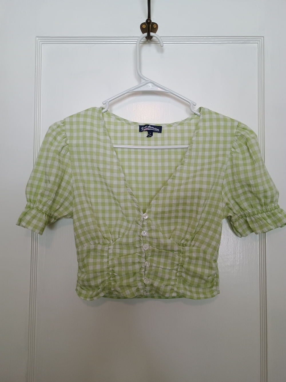 Freshman 1996 Green Gingham Puff Sleeve Ruched Crop Top Size Small